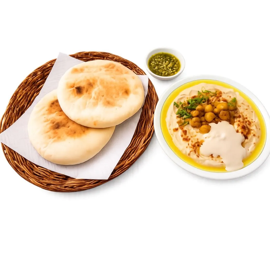 Hummus topped with chickpeas and tahini beside two warm pita breads.