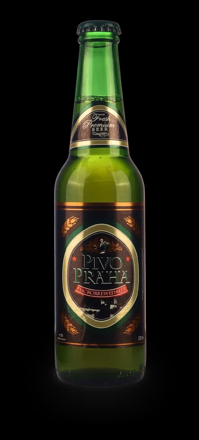 A chilled bottle of Pivo Praha Weizen wheat beer.
