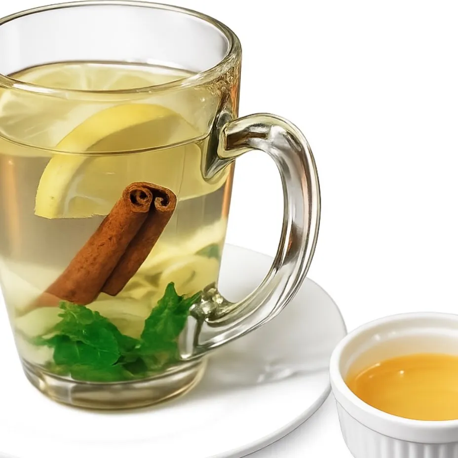 Hot tea with lemon, cinnamon and mint beside a small cup of honey.