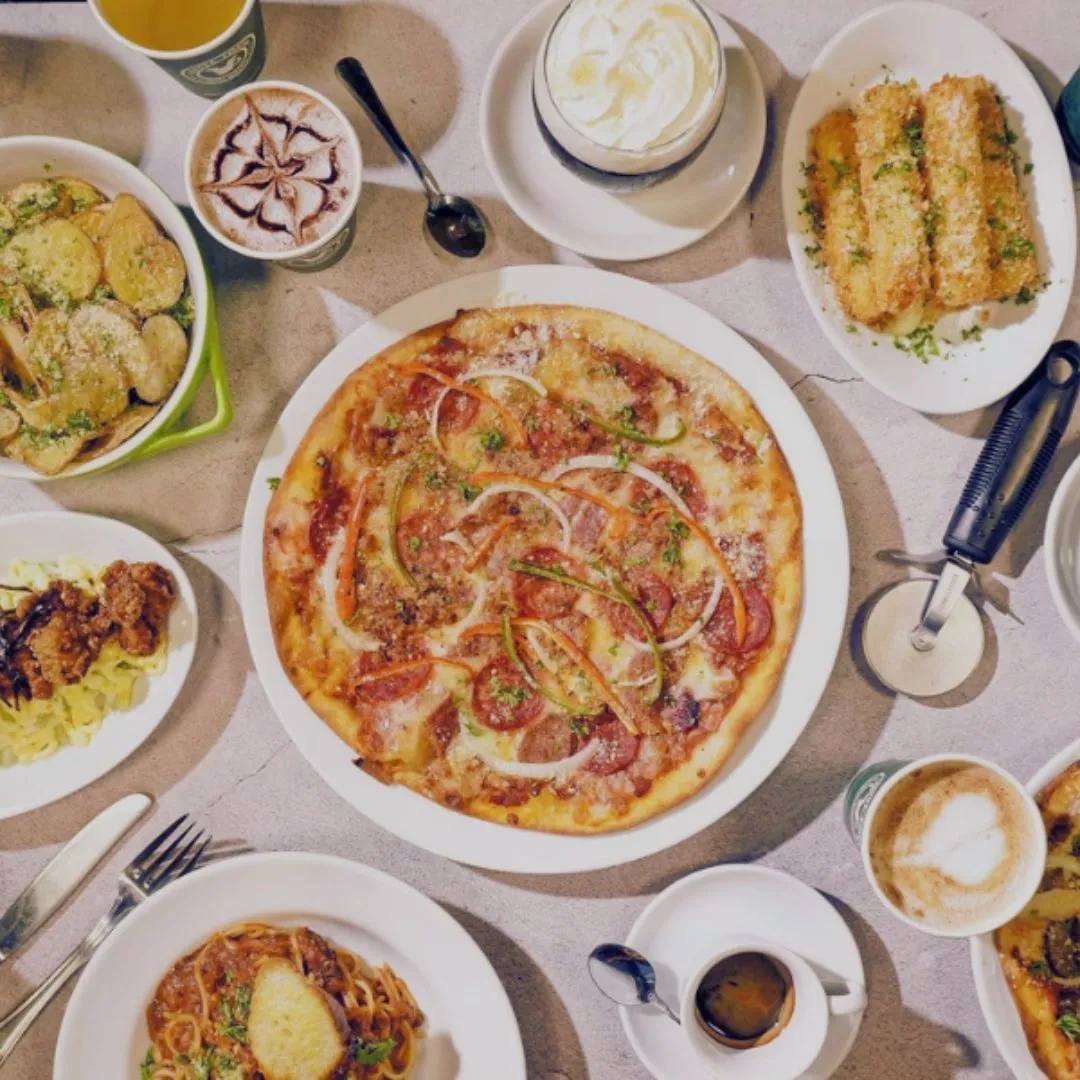 Pizza, pasta, garlic bread and coffee served at Coffee Tonya, which hosts the Pivo Praha taproom.