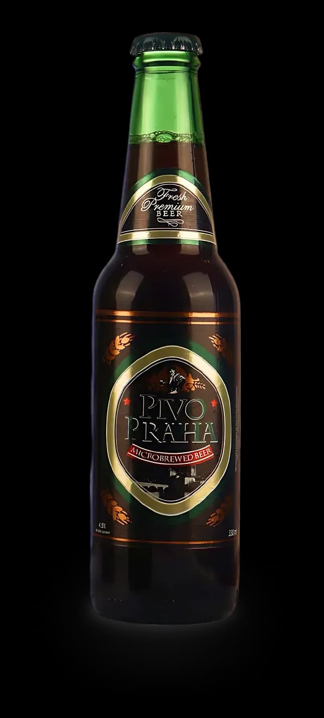 A chilled bottle of Pivo Praha Dark malt beer.