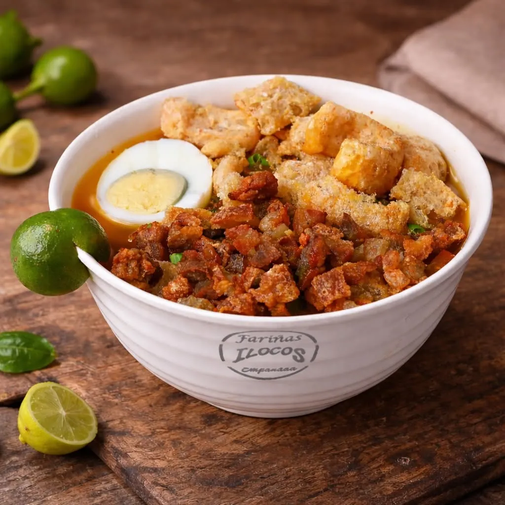 Bowl of Ilocos miki topped with crisp bagnet, tofu and boiled egg